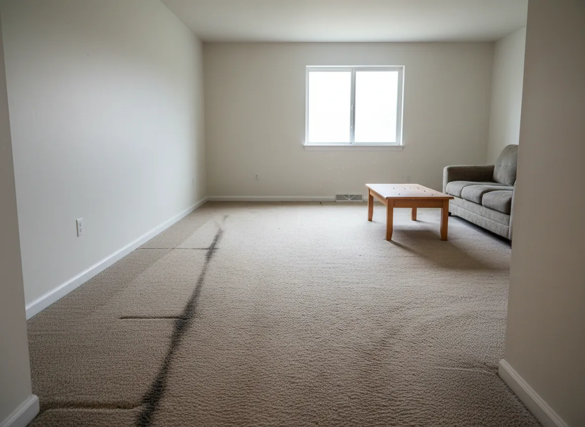 Before photo showing dated carpet