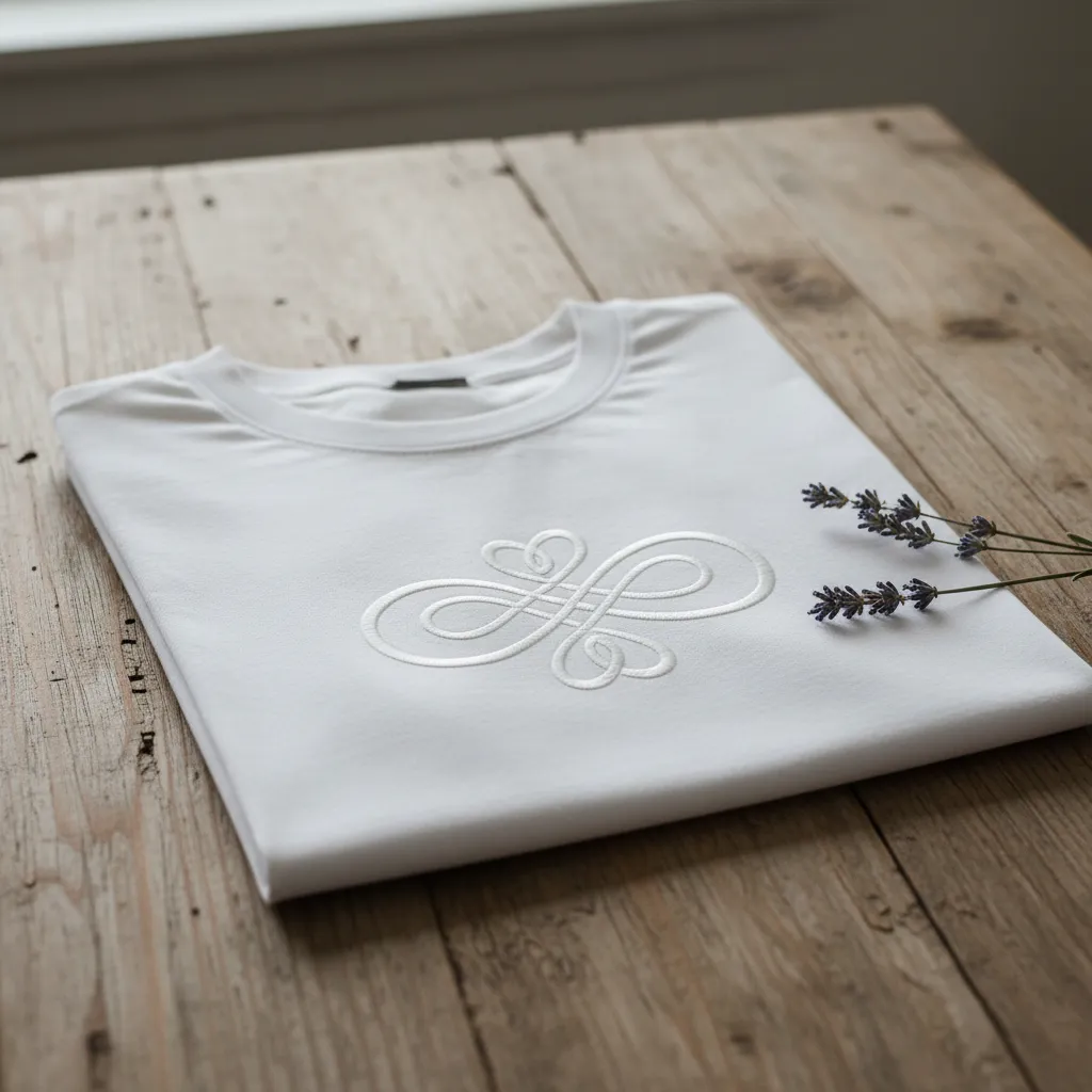 A close-up of a folded white t-shirt with the phrase 'Grace Wins' in elegant script, placed on a rustic wooden table with a sprig of lavender beside it. The lighting is soft and natural, highlighting the shirt’s texture.