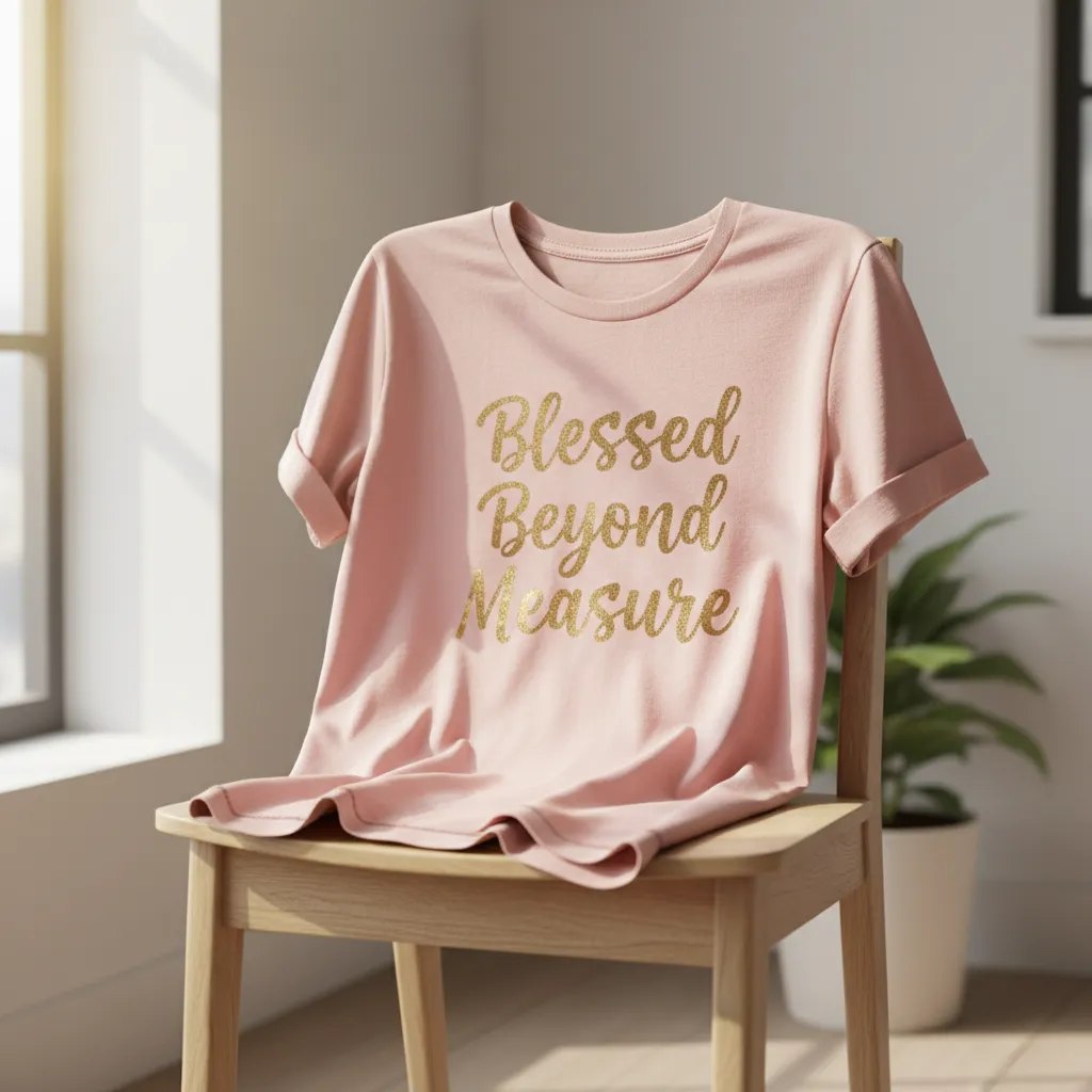 A pastel pink t-shirt with the phrase 'Blessed Beyond Measure' in gold lettering, draped over a chair in a sunlit room. The shirt’s color and message evoke warmth, positivity, and gratitude.