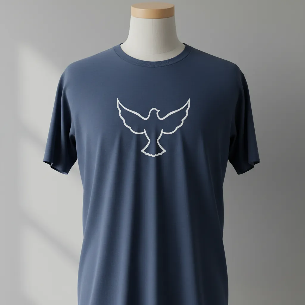 A navy blue t-shirt with a minimalist white dove emblem, displayed on a mannequin torso against a neutral background. The shirt’s fabric appears soft and comfortable, and the dove symbolizes peace and faith.