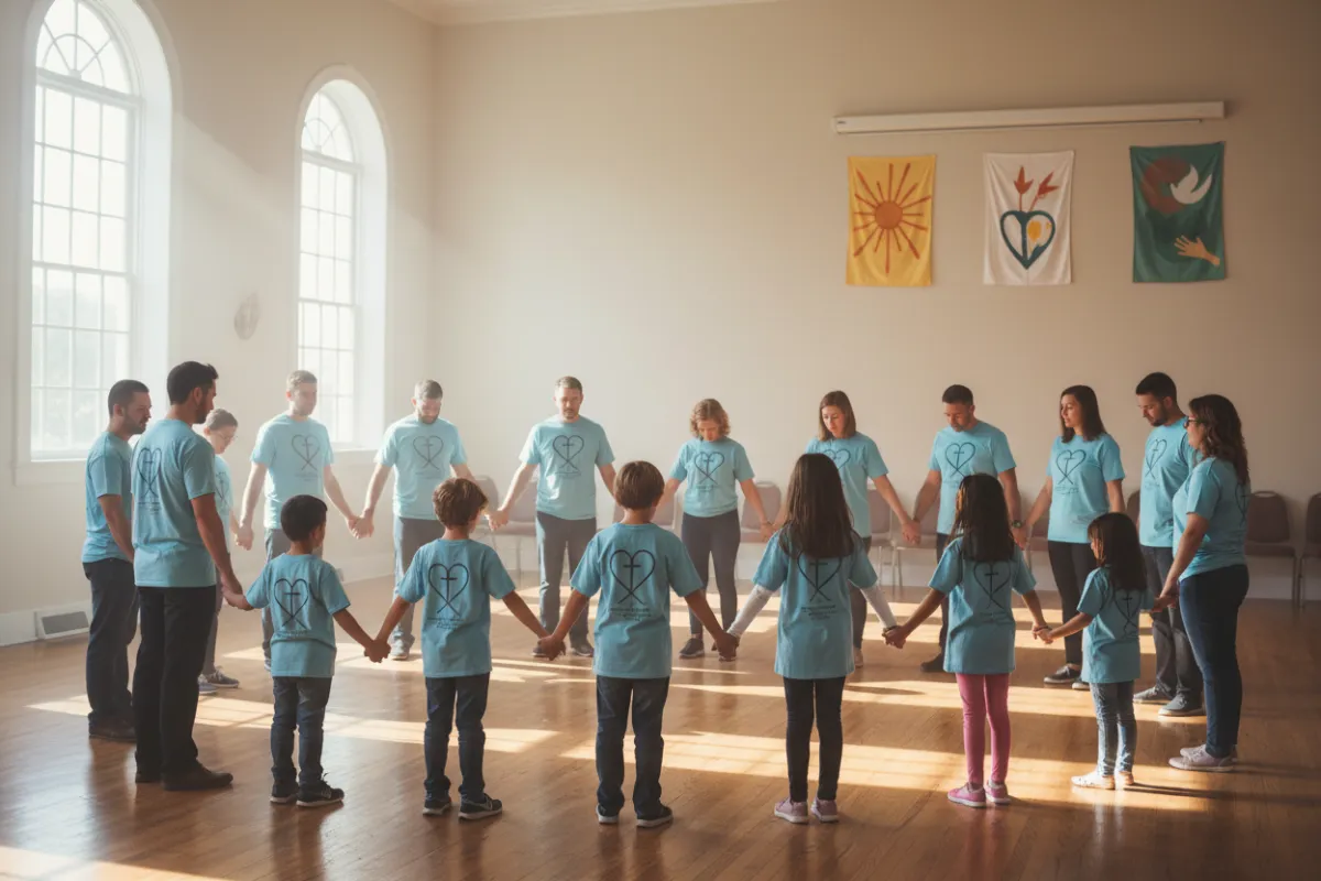 A diverse group of adults and children gathered in a sunlit community center, wearing matching faith shirts, holding hands in a circle of prayer. The atmosphere is joyful and supportive, with banners of encouragement in the background.