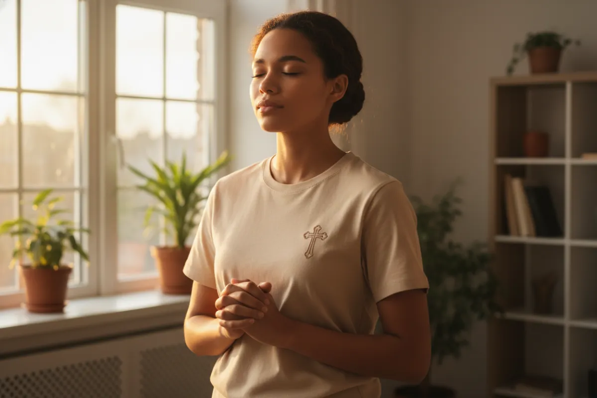 A young woman with medium brown skin, wearing a soft beige faith-inspired t-shirt with a subtle cross design, standing in golden morning light by a window, hands gently clasped, eyes closed in peaceful prayer. The background is softly blurred, evoking warmth and serenity.