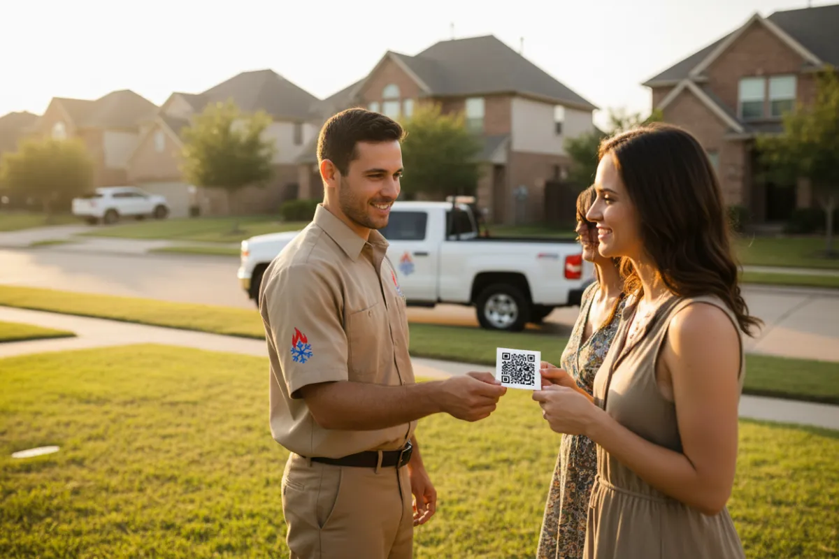 HVAC mechanic handing a business card with a readable QR code to a homeowner on a Texas suburban front lawn, warm daylight and an HVAC truck in the background