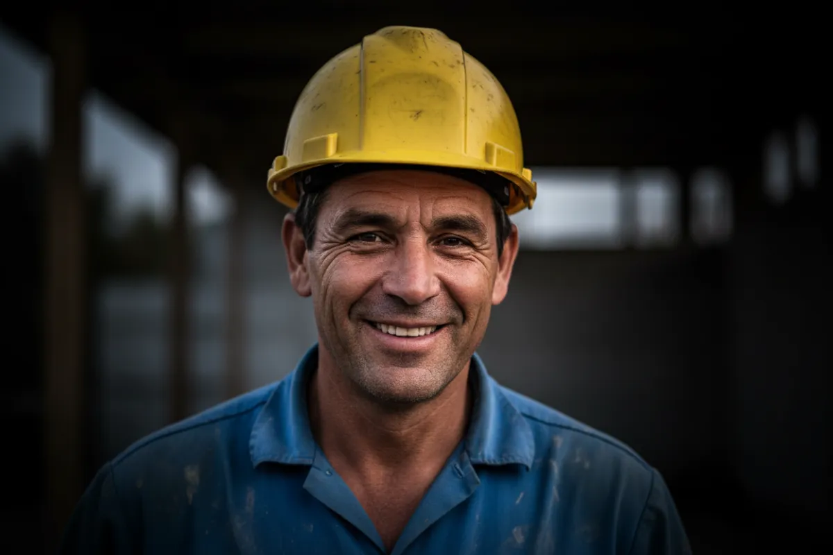 Roofer smiling at the camera against a dark background