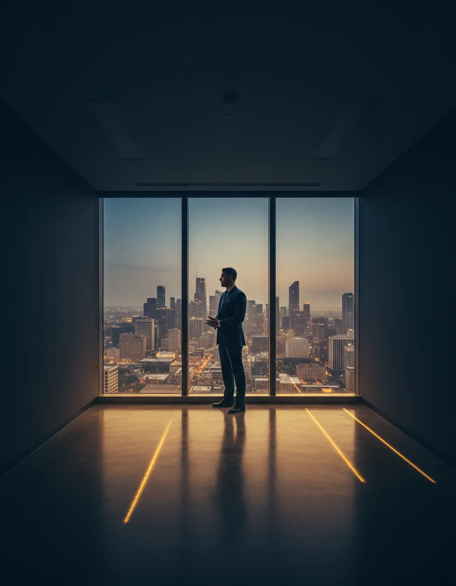 A solitary entrepreneur standing in a vast, empty modern office space, highlighting the isolation of business ownership without a strong network.