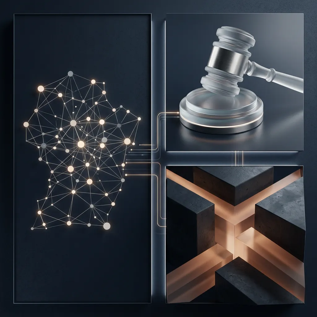 Visualización 3D abstracta de datos cívicos y justicia comunitaria en Aguascalientes con iluminación cinematográfica