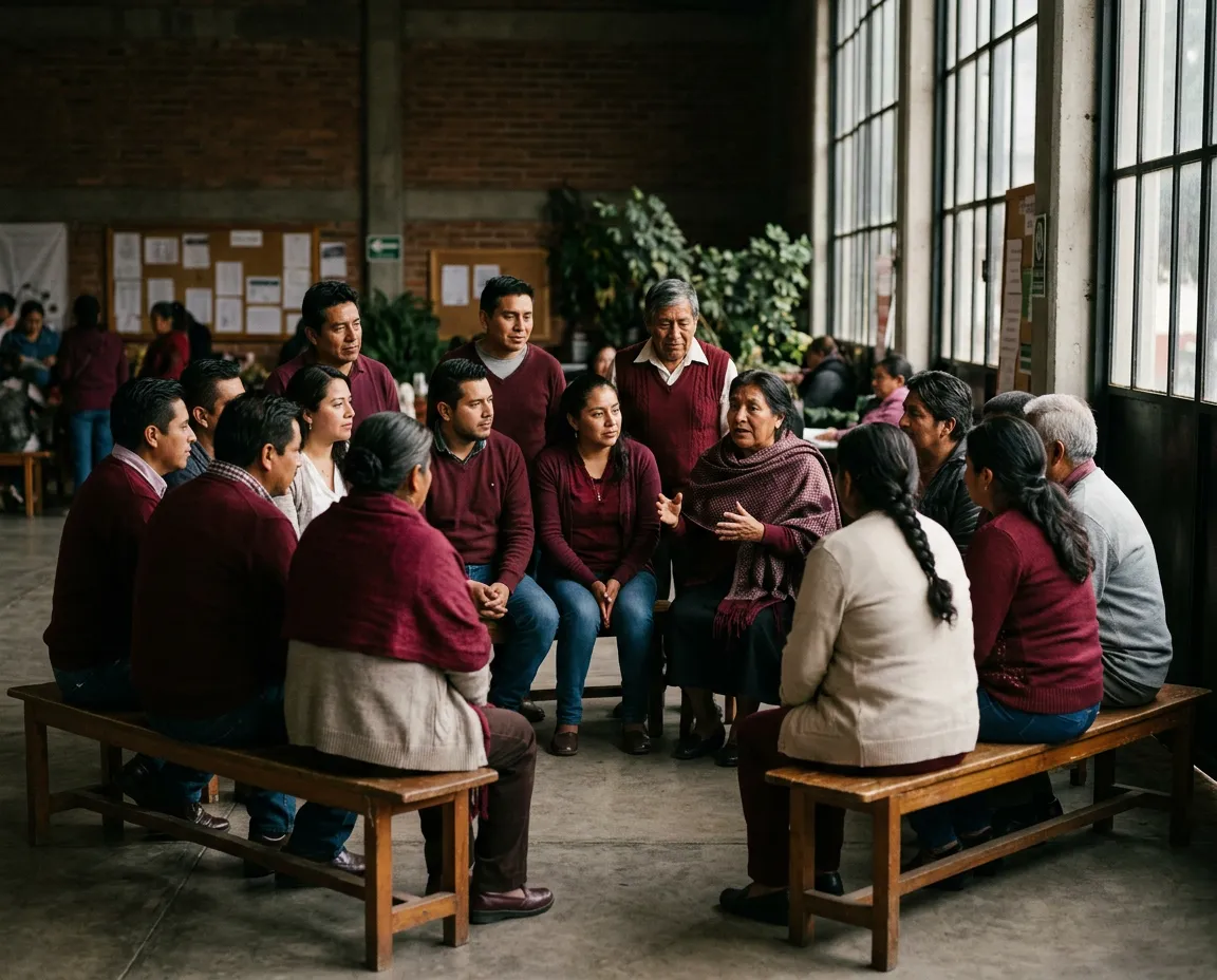 Reunión comunitaria de vecinas y vecinos de Atizapán conversando en asamblea