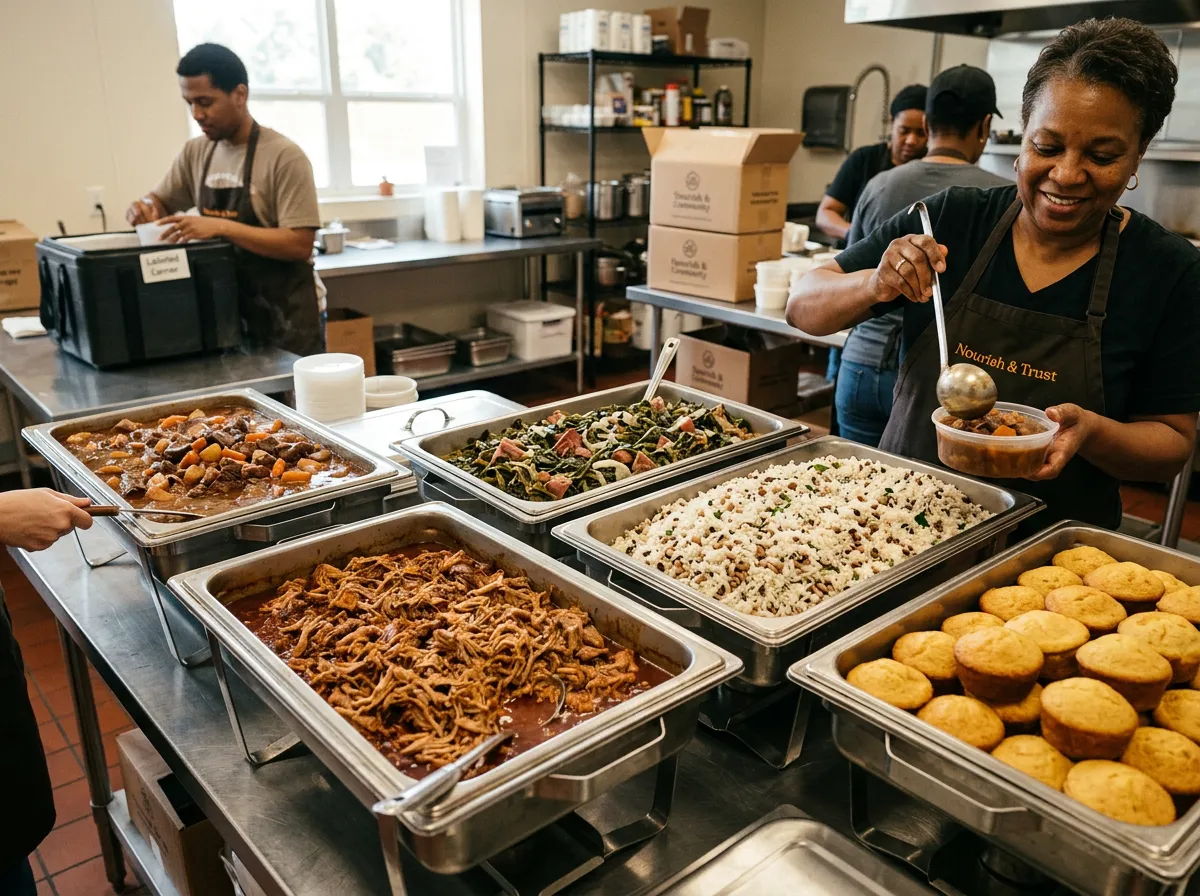 Community dining hall serving wholesome, freshly prepared hot meals with care and warmth