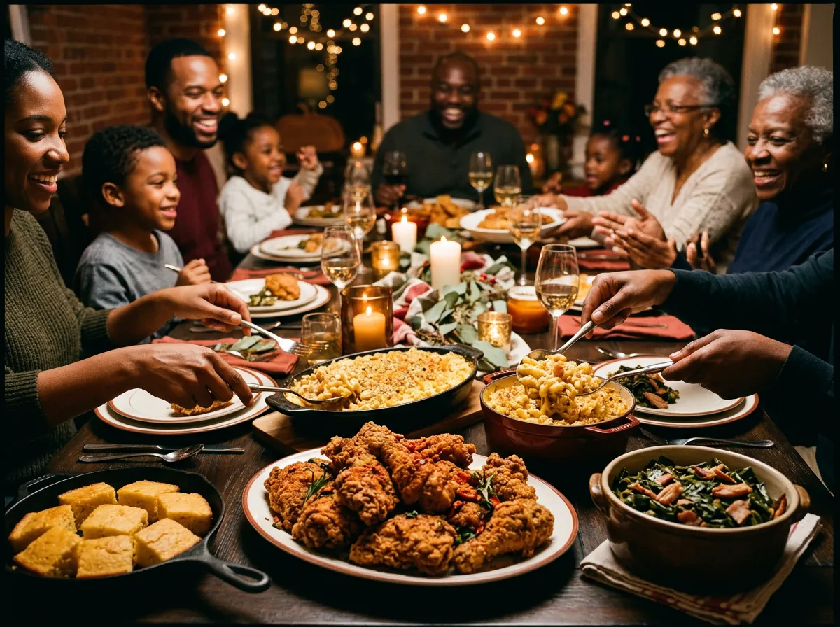 Warm and vibrant celebratory banquet spread with soul food platters and festive tablescape