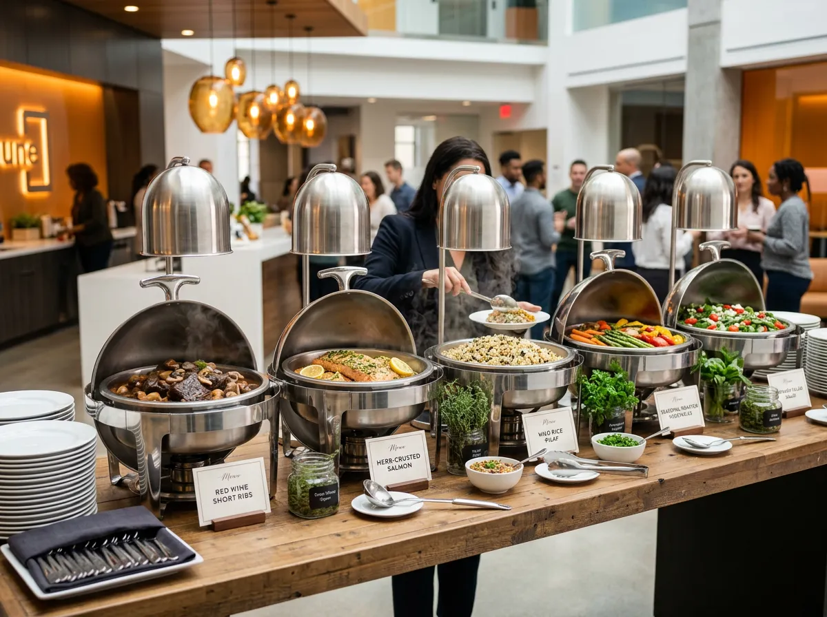 Sleek corporate lunch buffet setup with chafing dishes, gourmet salads, and individual boxed options