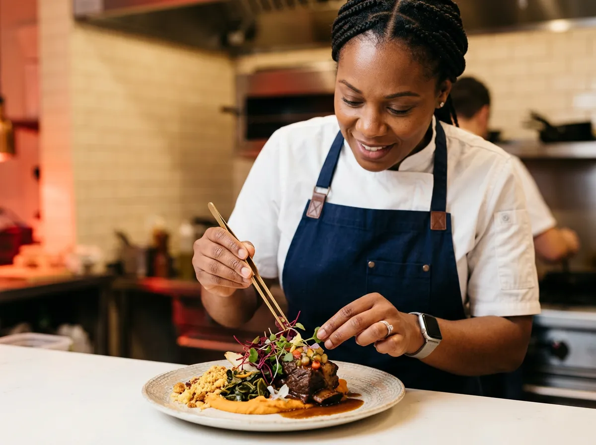 Executive chef artfully plating an upscale soul food dish with gourmet garnishes