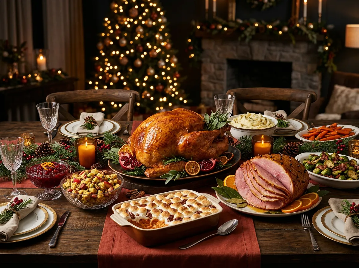Traditional holiday dinner feast with smoked turkey, glazed ham, cornbread dressing, and sweet potato pie