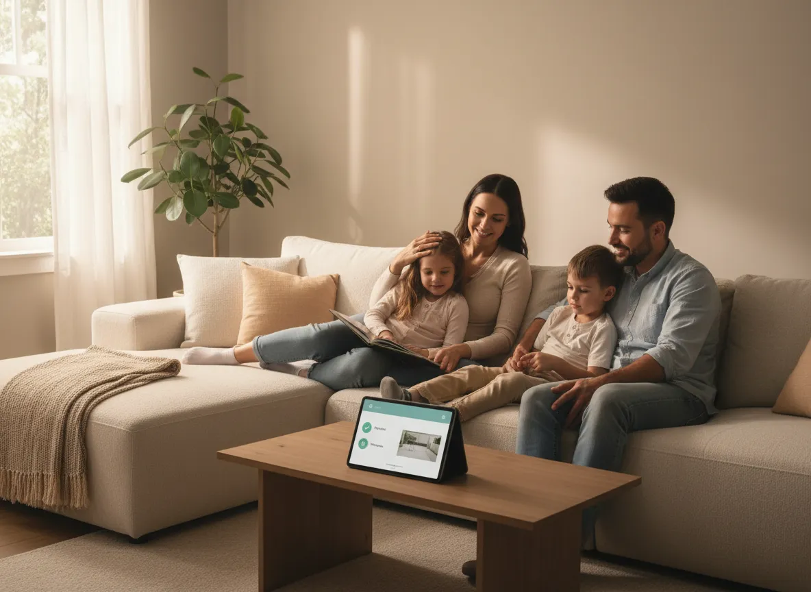 Family looking at smart home security tablet
