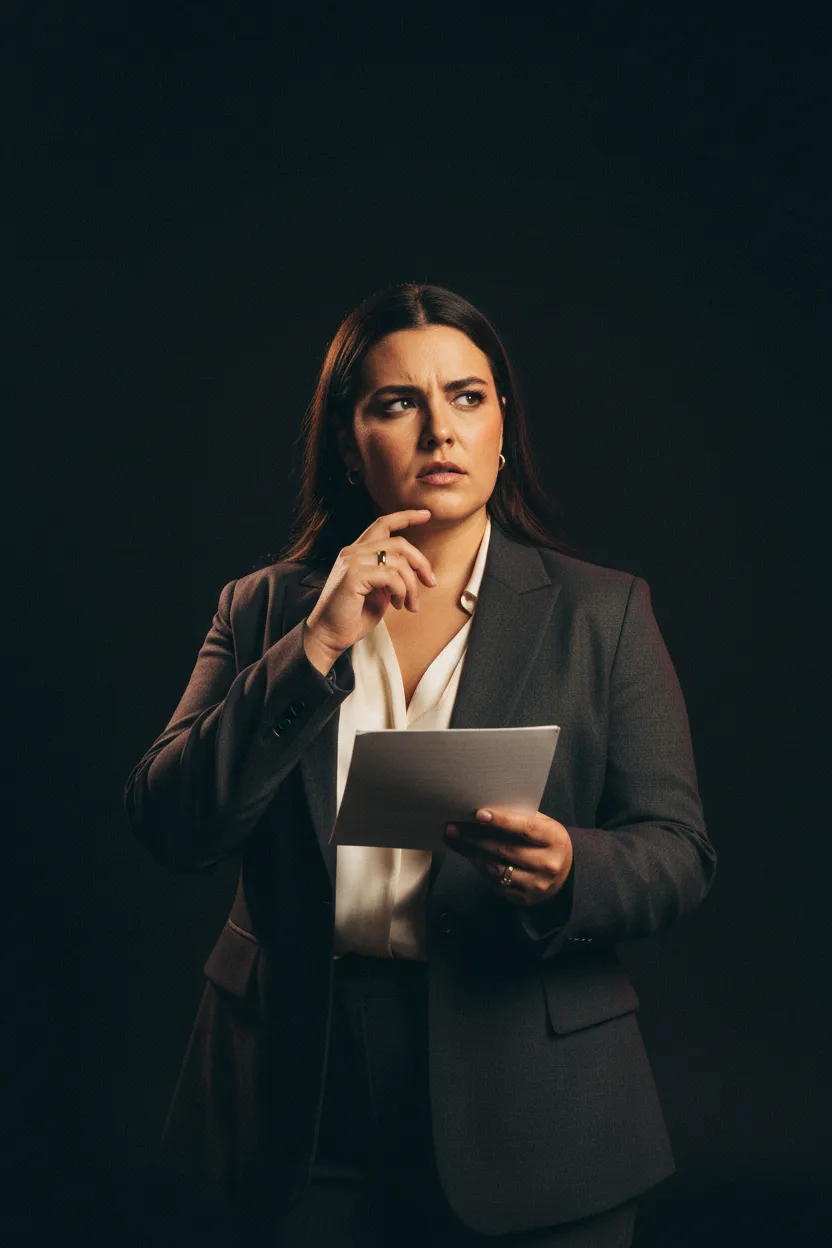 Woman in a studio reviewing content strategy notes