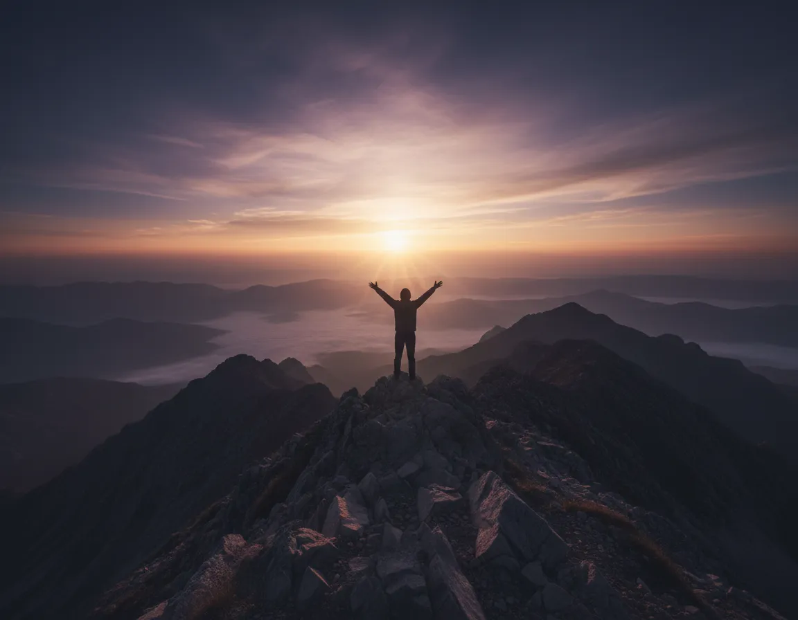 Person standing on mountain top with arms raised