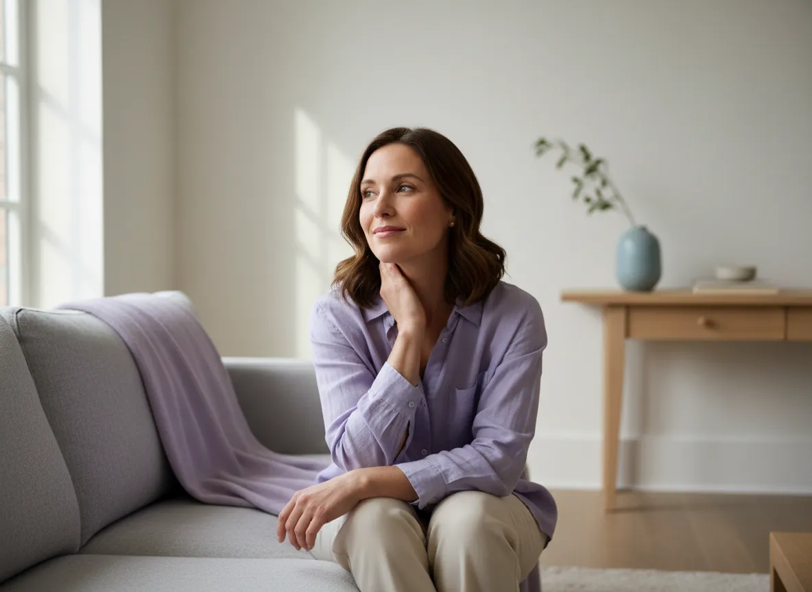 Woman touching neck in discomfort