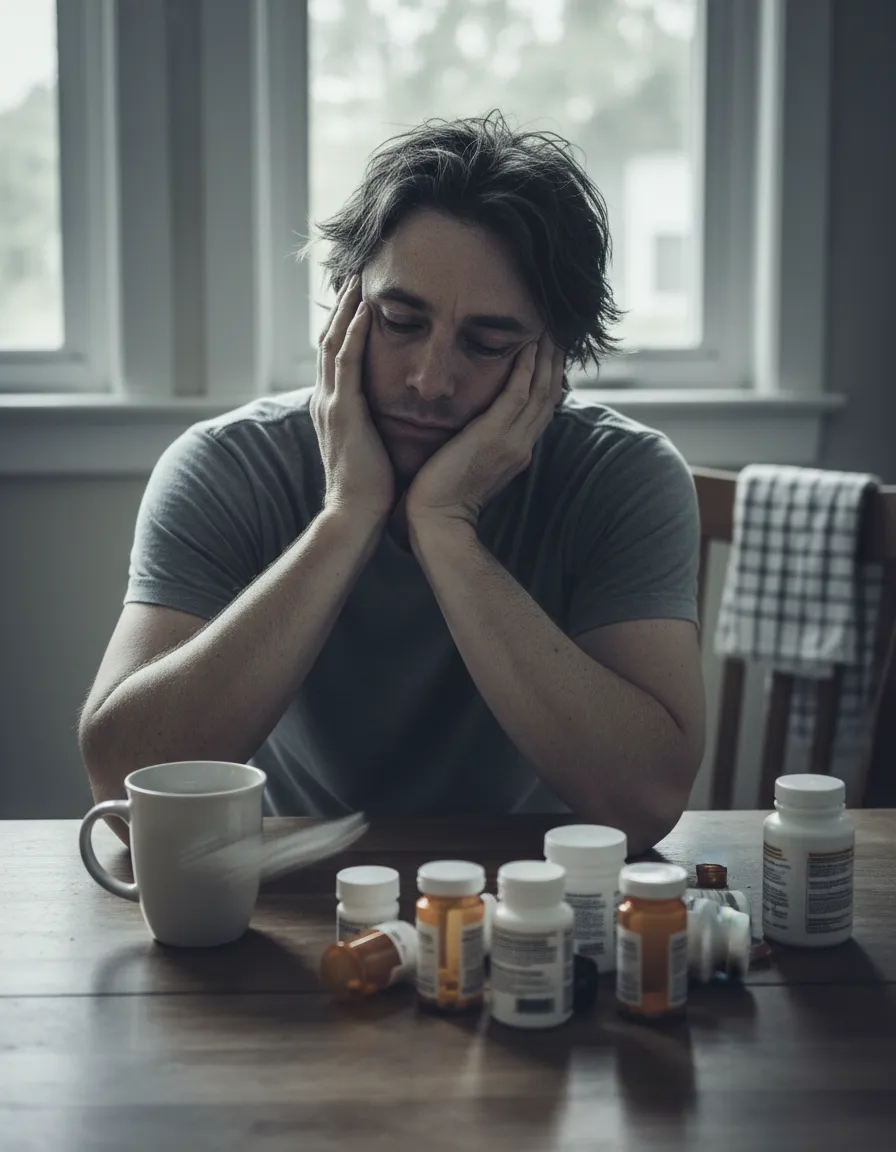 Person looking tired at table with pills