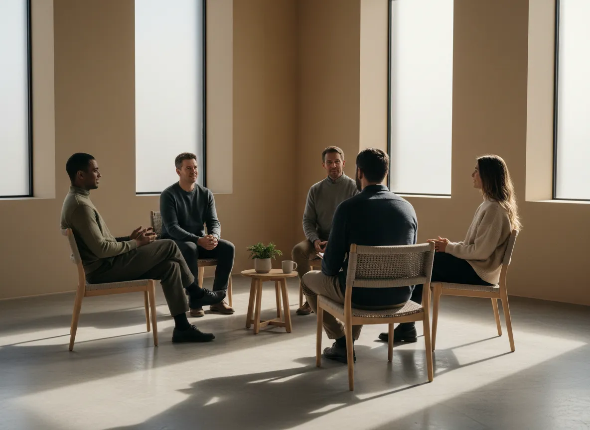 Small team seated in a circle in natural light, in grounded conversation