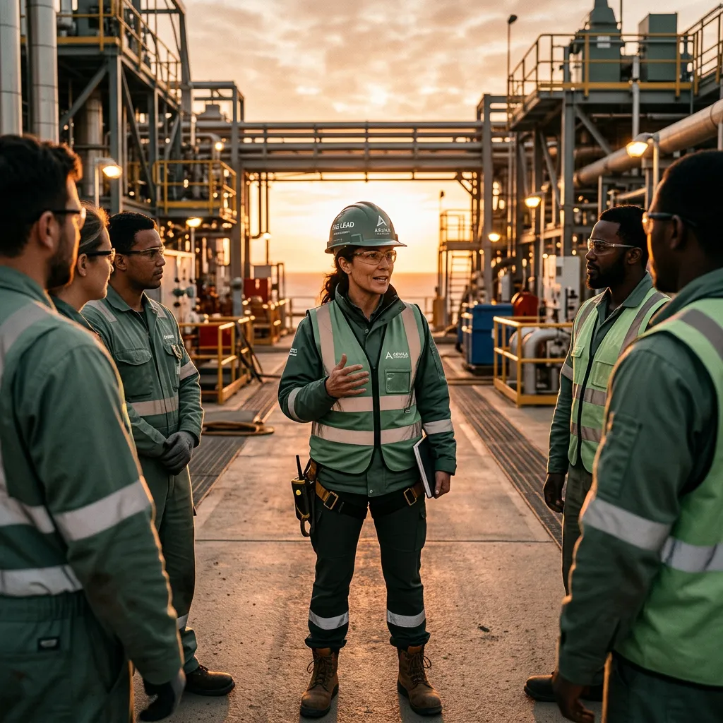 Industrial rig team leader conducting safety briefing on site