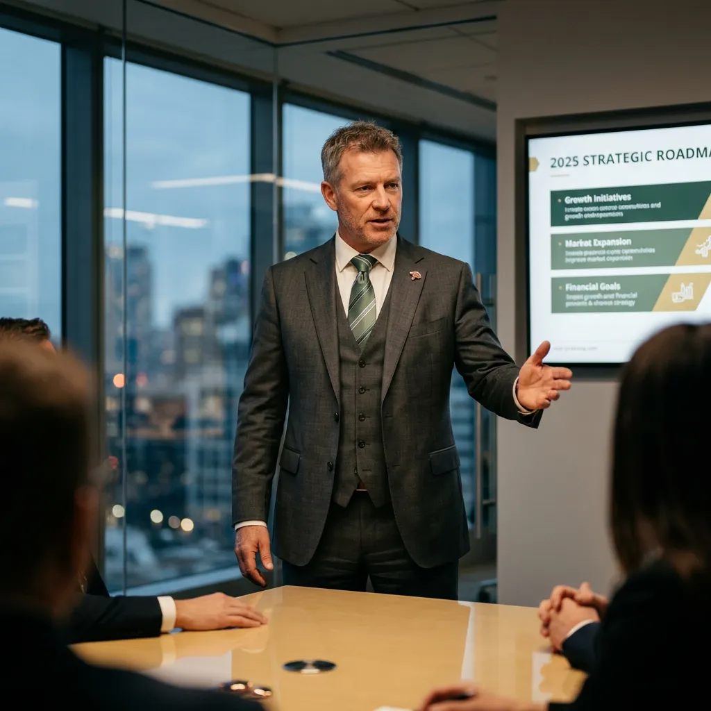 Senior corporate executive presenting strategic roadmap to leadership