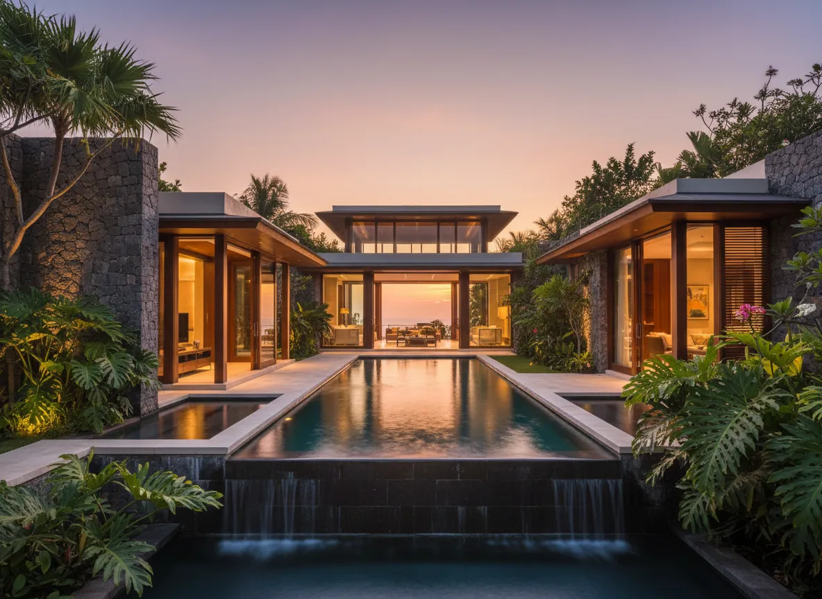 Modern Bali villa exterior at sunset