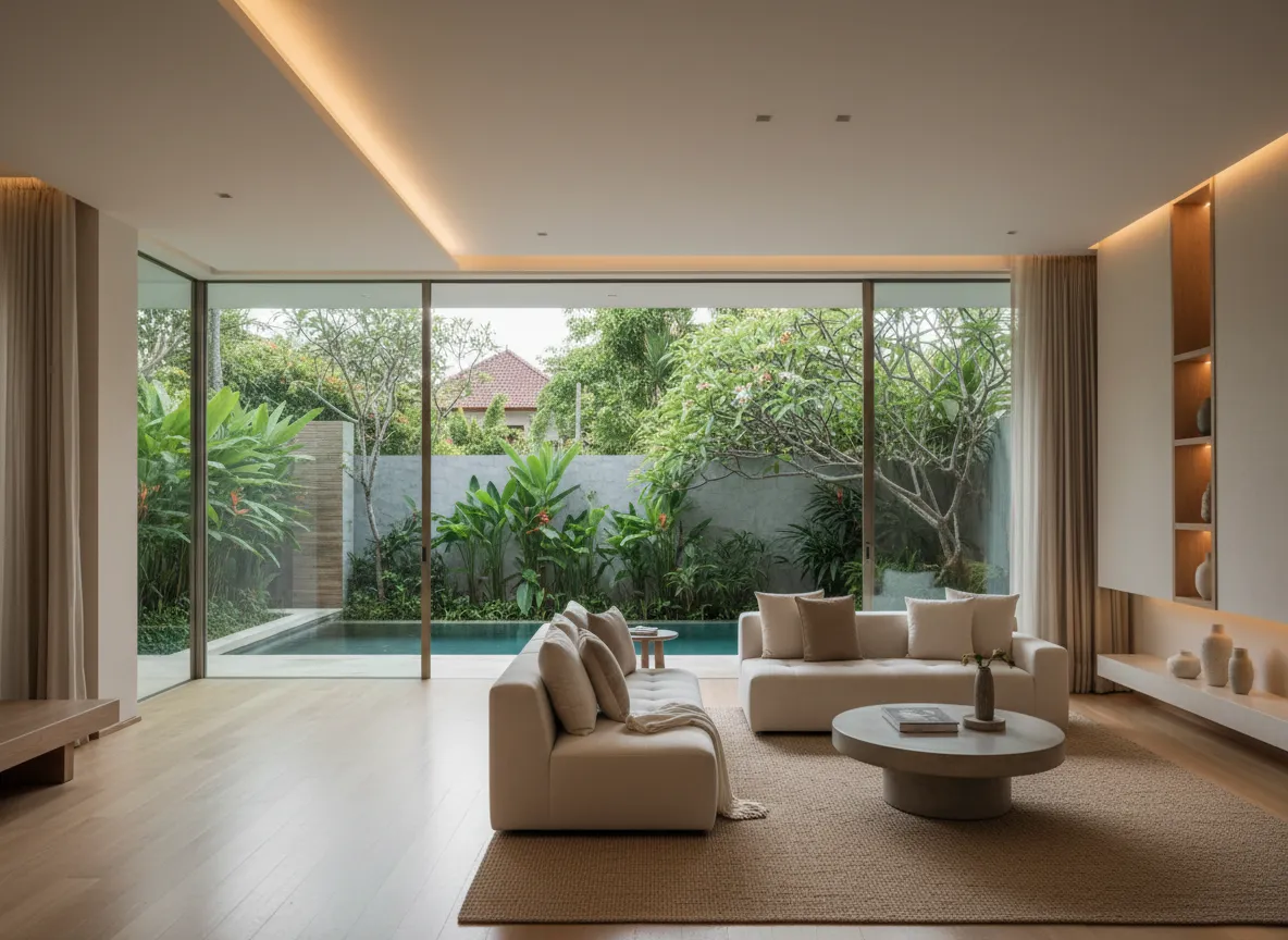 Interior of Bali villa living room with pool view