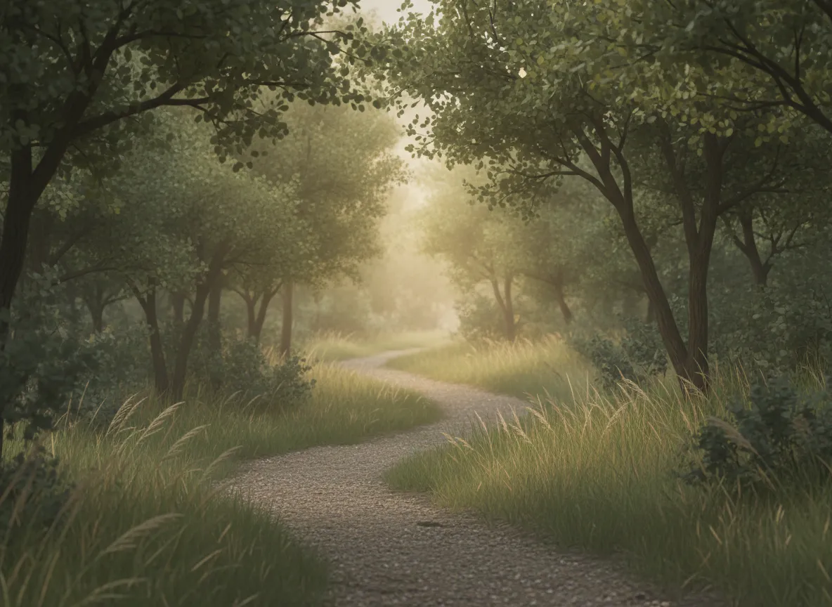 Soft nature path leading through trees with gentle light