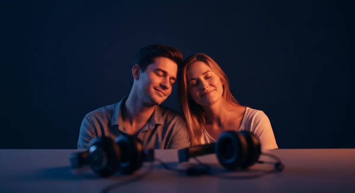 Cinematic wide shot of a couple reconnecting in warm ambient light