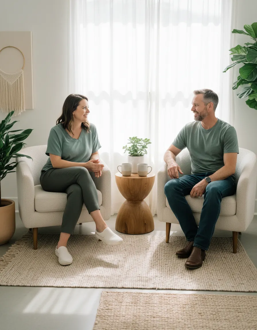 Client and practitioner talking in a calm health coaching space