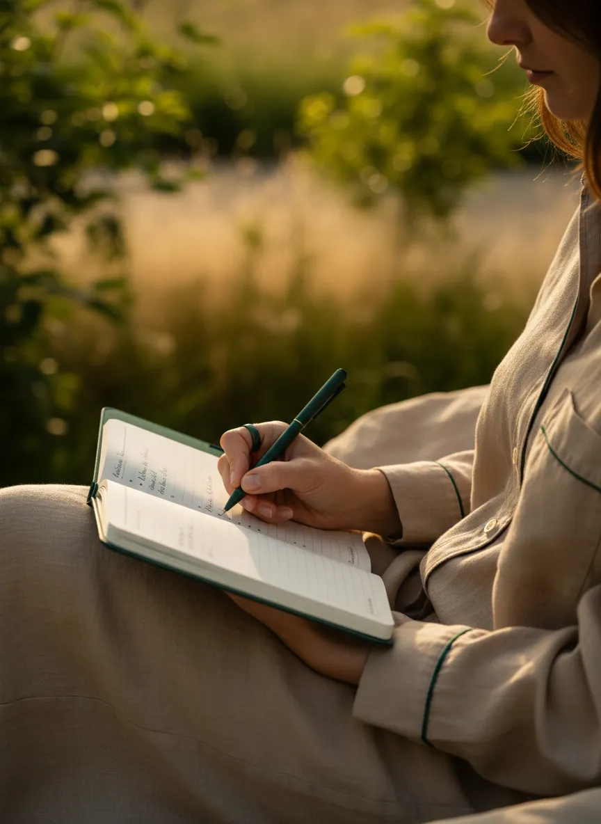 A person writing in a health journal outdoors in the afternoon sun
