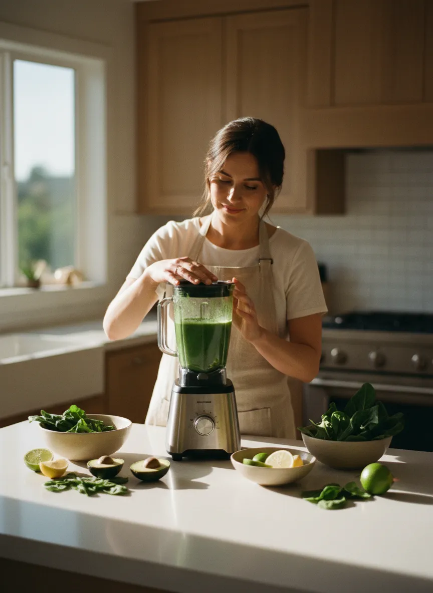 Woman preparing a healthy smoothie in natural light