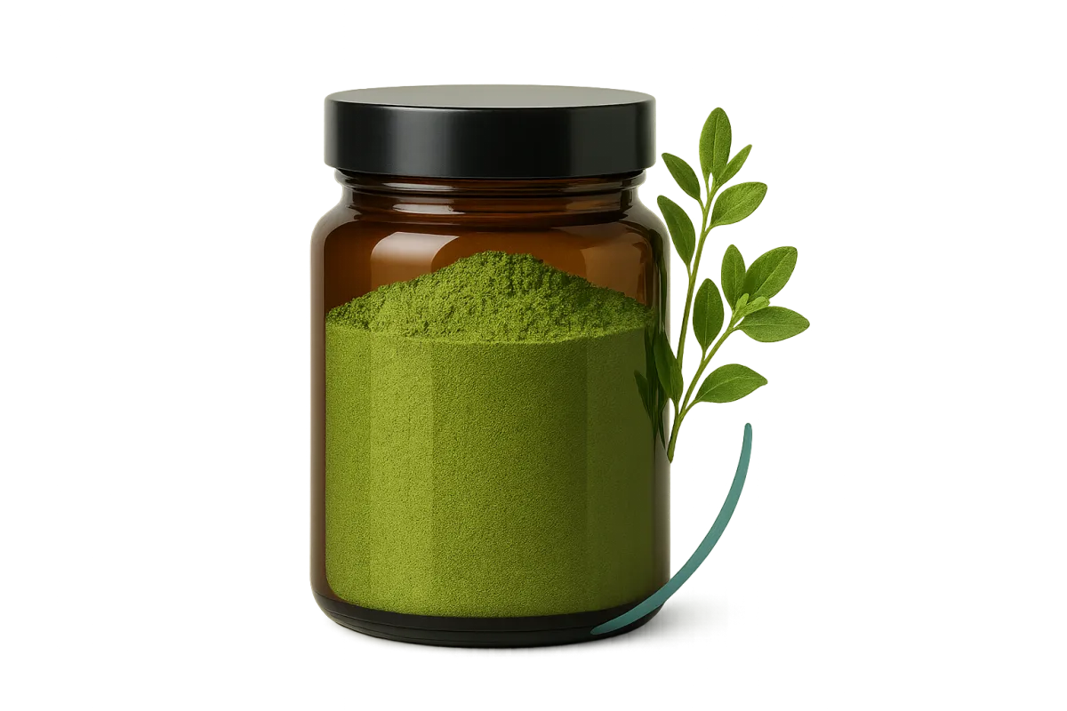 Daily greens powder jar with fresh herbs