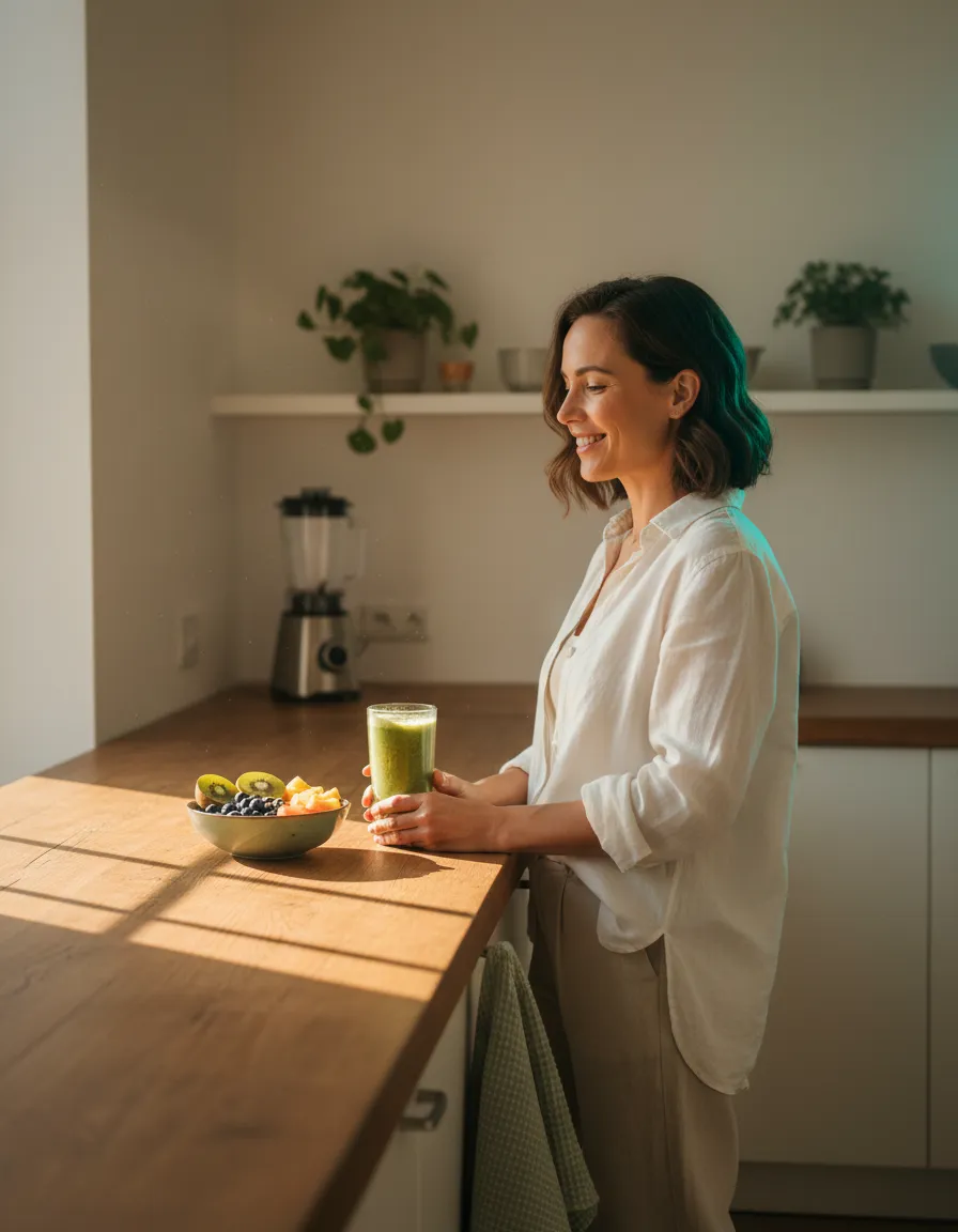 A person enjoying a calm and healthy morning routine with natural sunlight