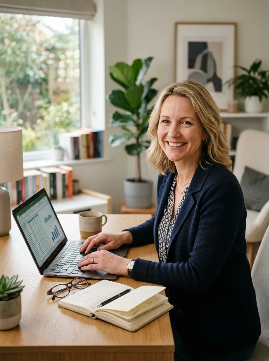 Happy bookkeeper woman in her mid-40s reviewing her laptop from her home office