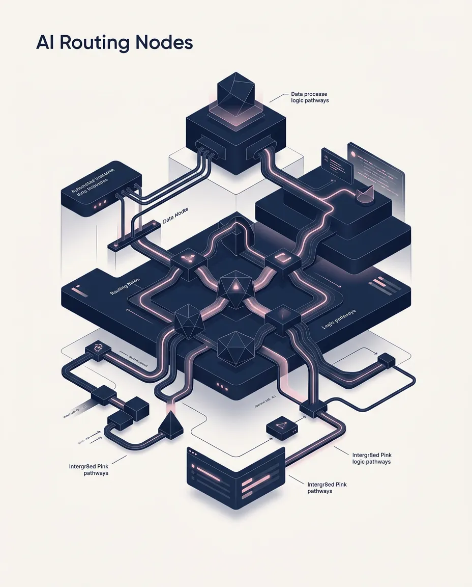 Abstract architectural diagram of AI routing nodes and automated logic pathways