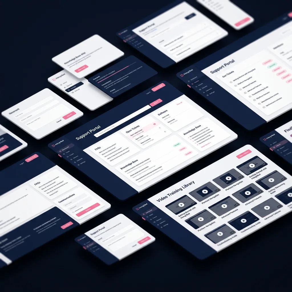 Abstract technical interface mockup of Intergr8ed video knowledge base and human support portal