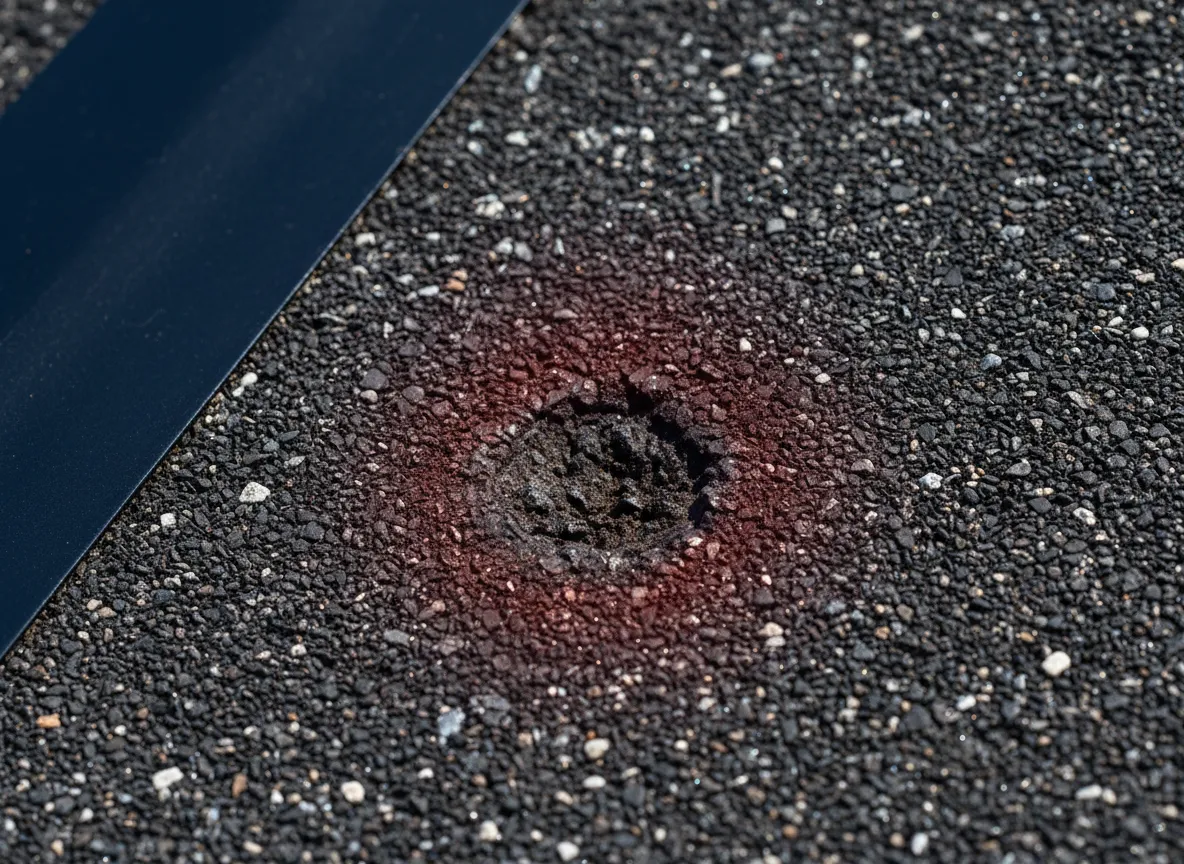 Macro view of a bruised shingle from hail impact