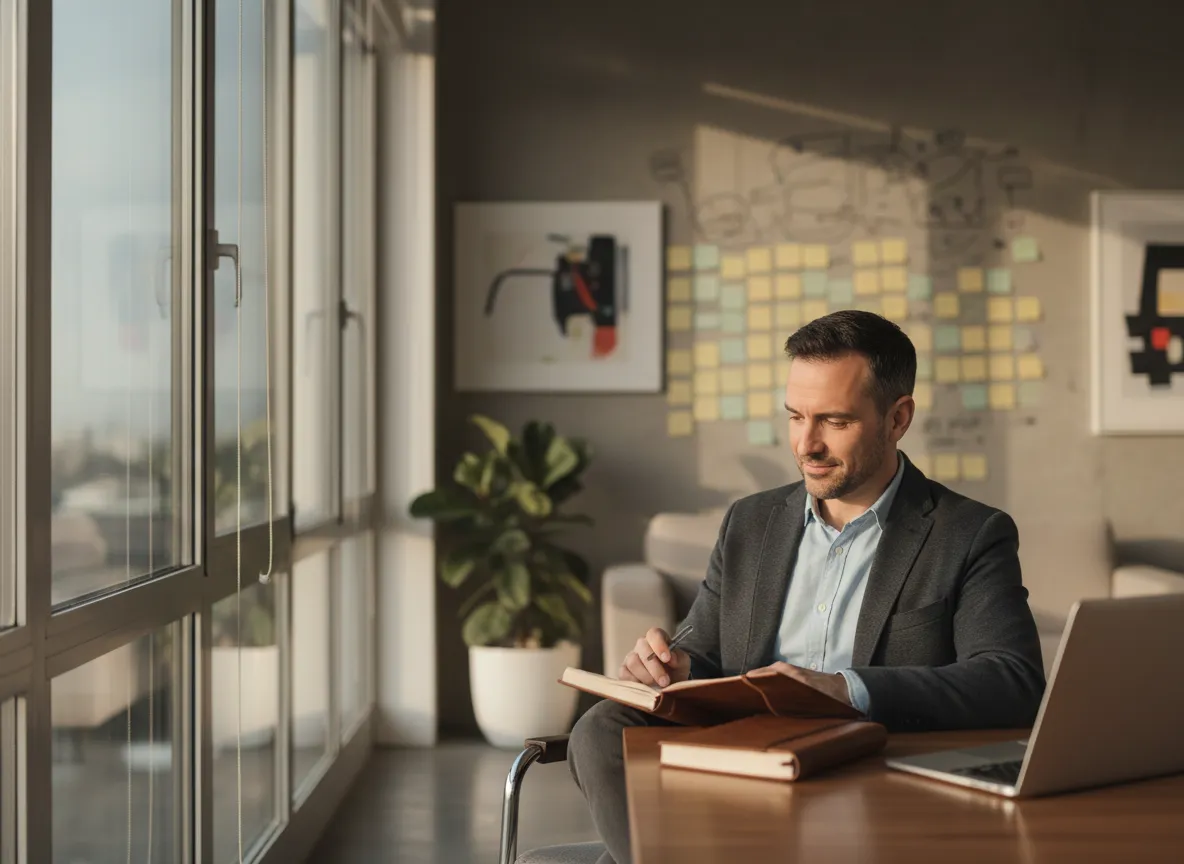 Entrepreneur reflecting and planning their business journey