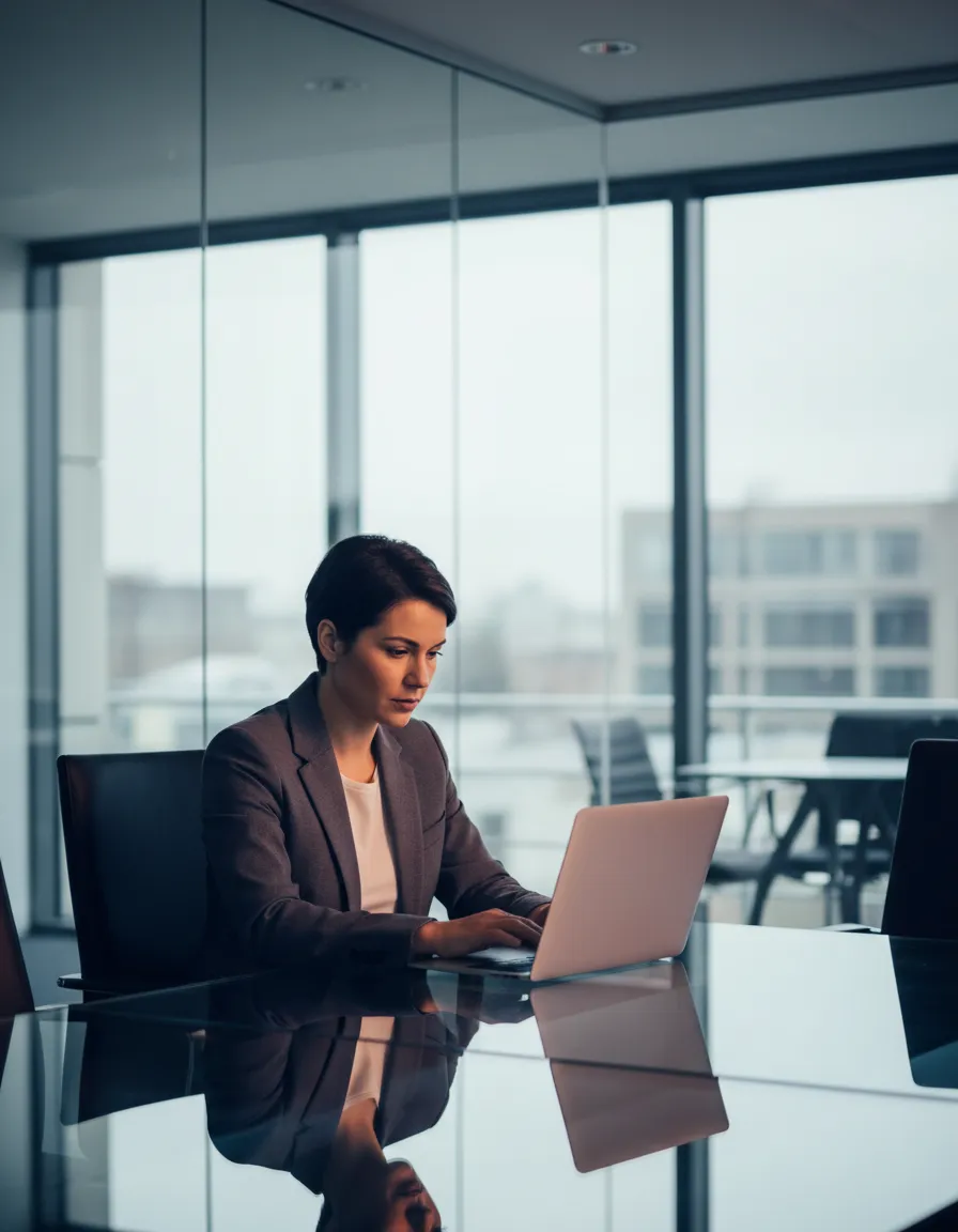 Thoughtful specialist looking at laptop in meeting room