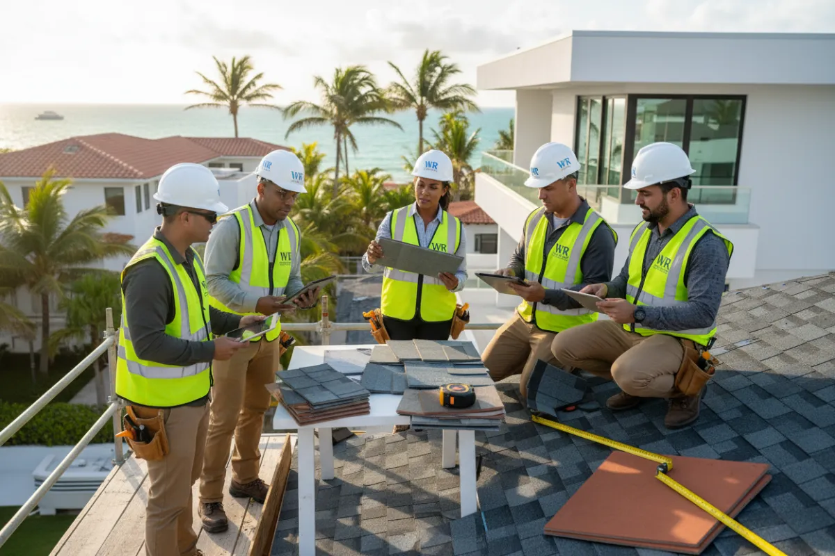 WR Florida Construction team on-site reviewing shingle samples beside a coastal Miami home