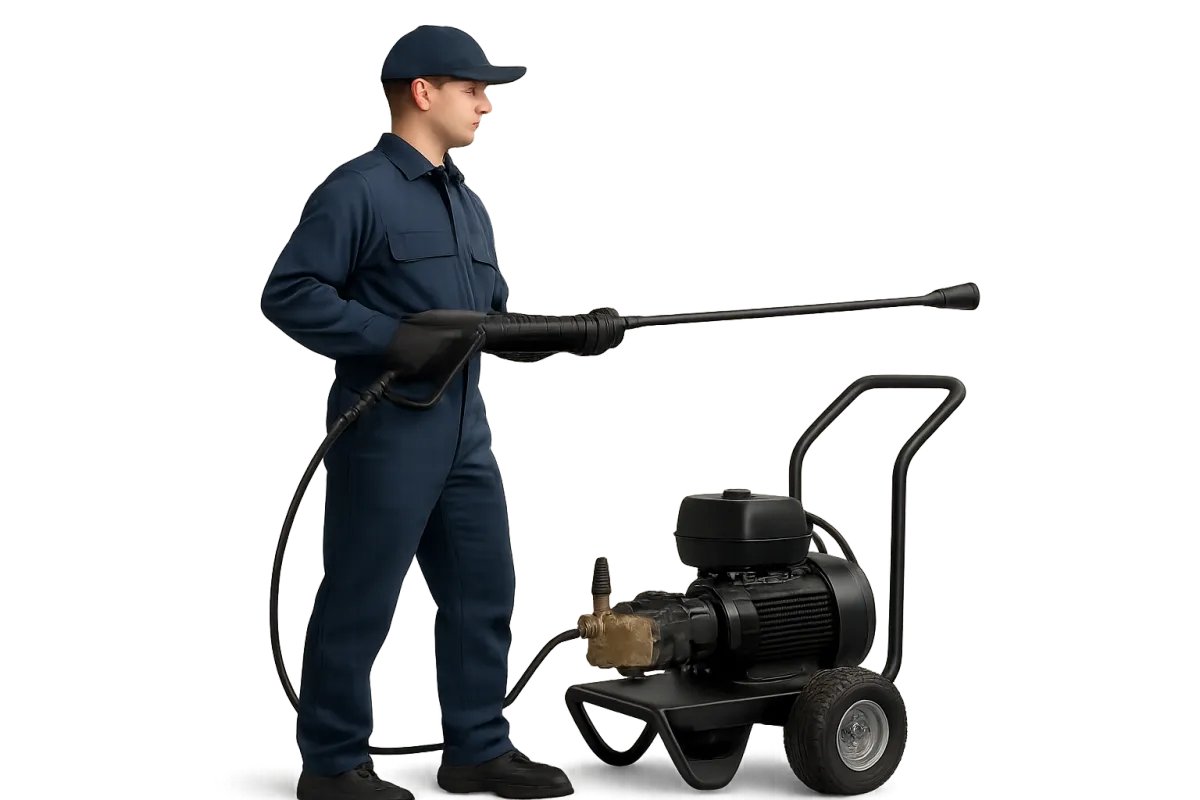 Professional technician in navy uniform holding a commercial pressure washer unit
