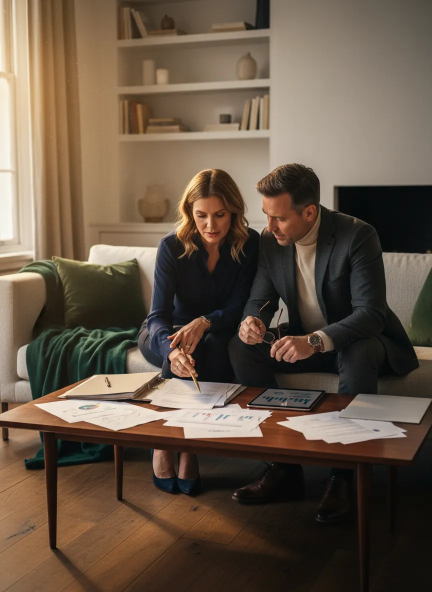 Couple thoughtfully reviewing financial documents together