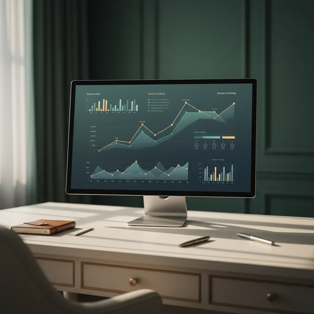 High-end digital dashboard showing website analytics and secure tracking data