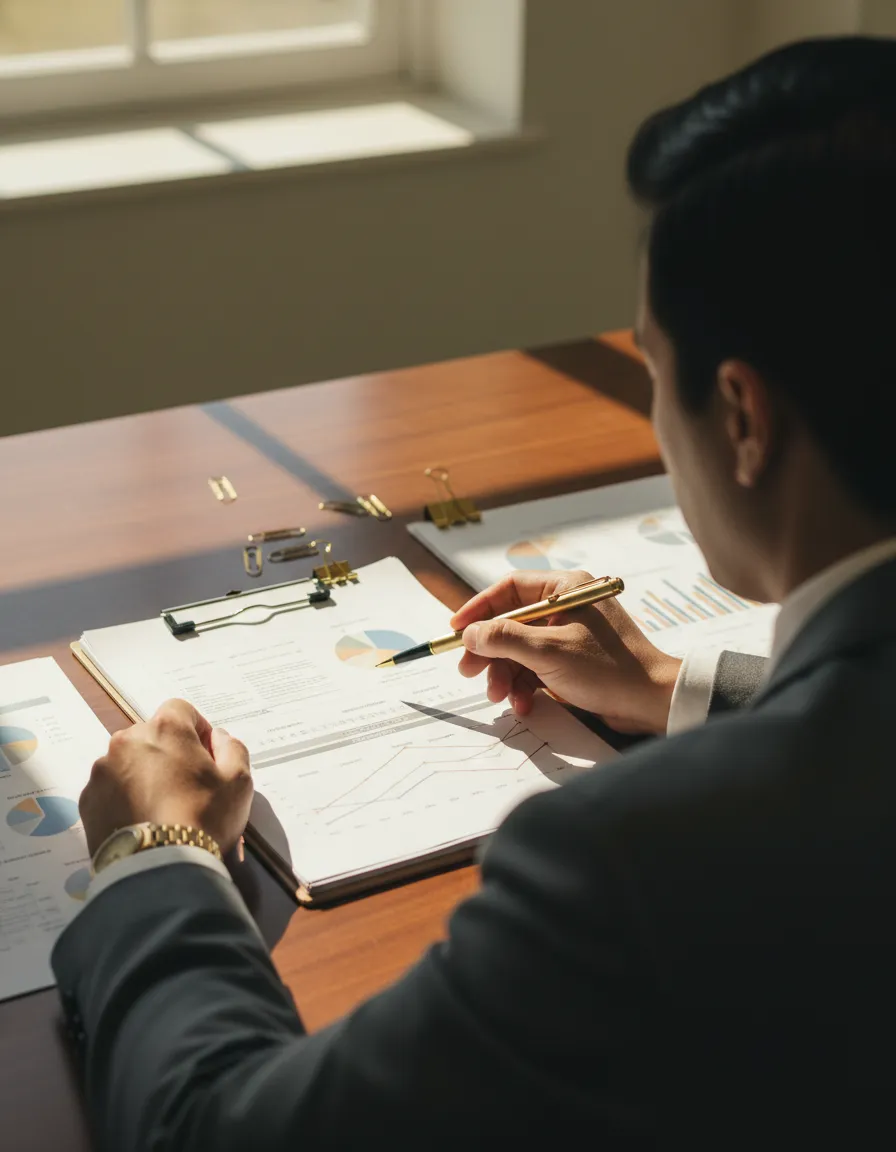 Professional reviewing legal and financial documents in an office setting