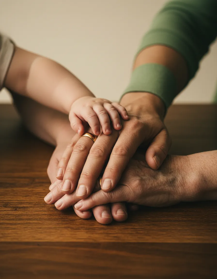 Family holding hands softly, representing legacy and compassion