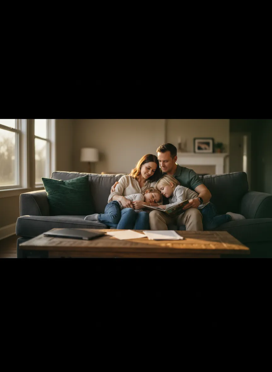 A family enjoying a peaceful moment at home, feeling secure about their future