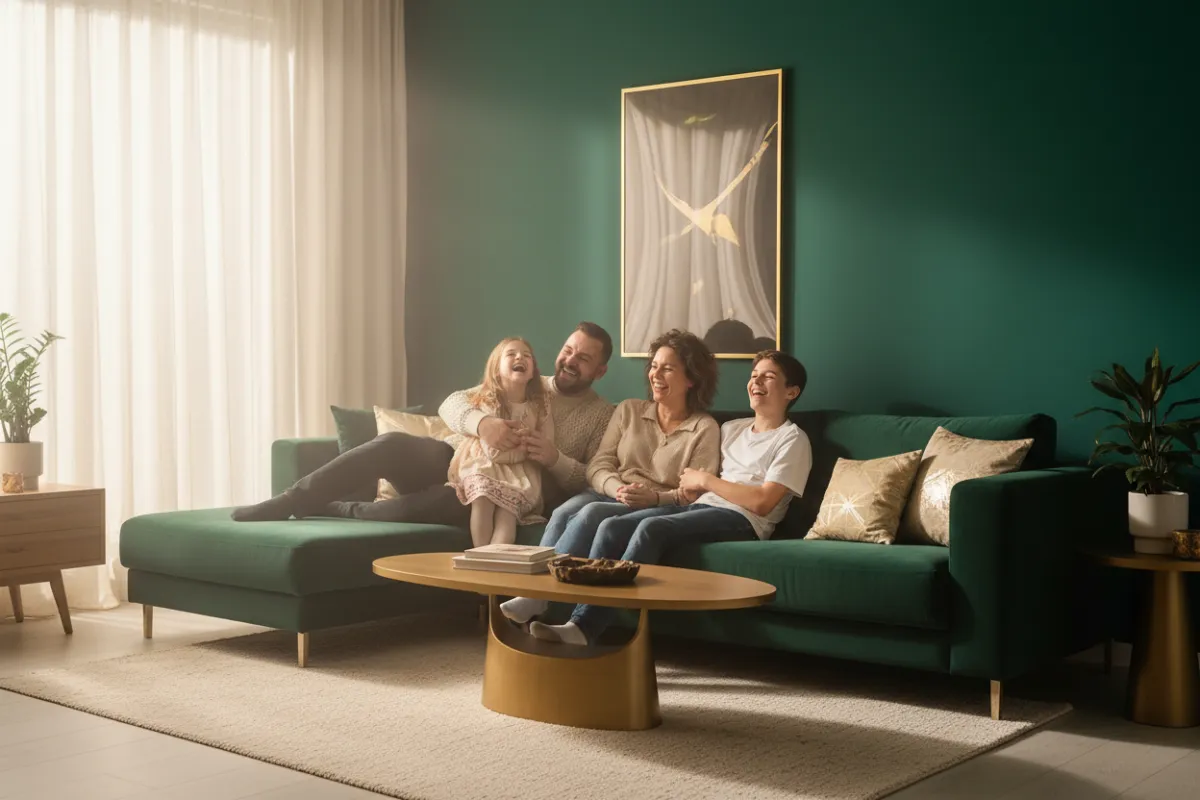 A family laughing and spending time together inside their home, symbolizing security and protection.