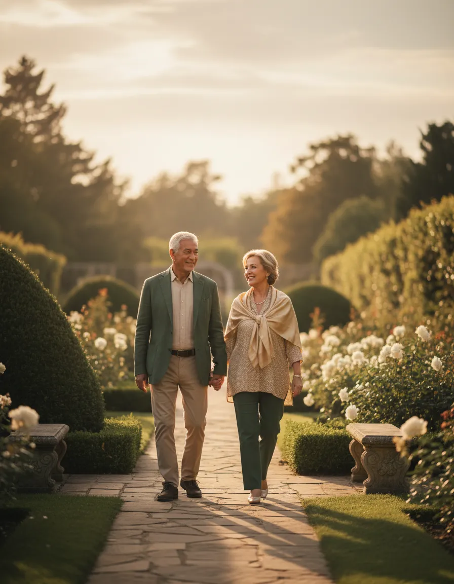 Peaceful retirement lifestyle walking in a garden