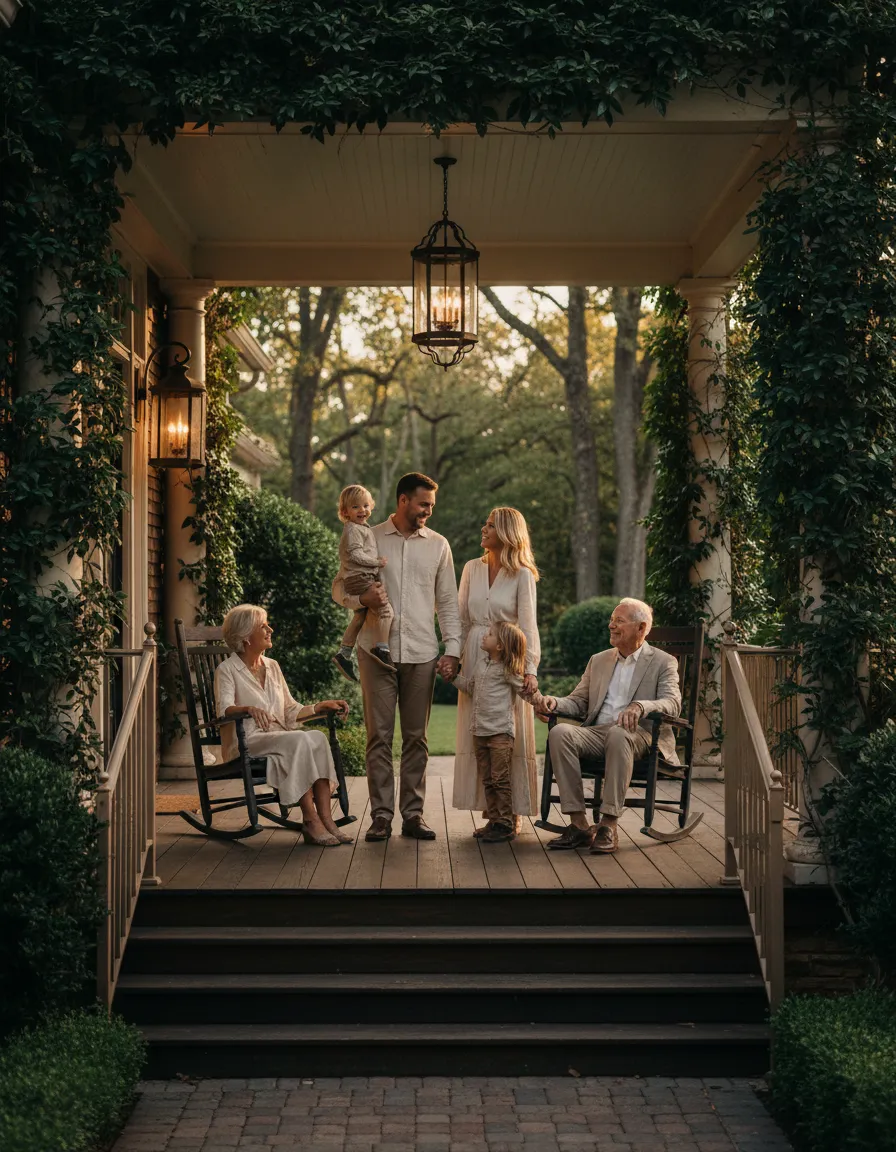 Family standing happily on their front porch
