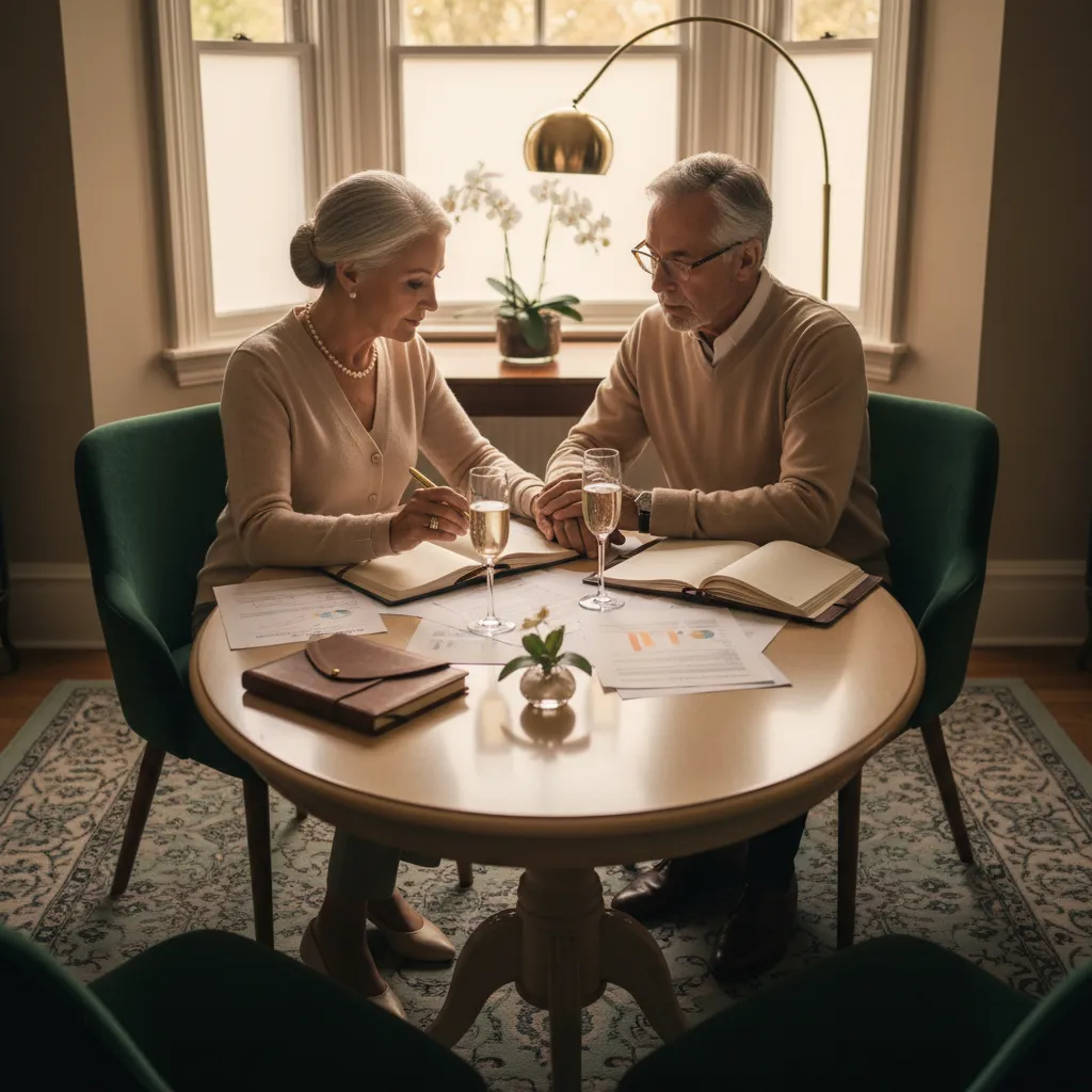 Retired couple reviewing financial paperwork